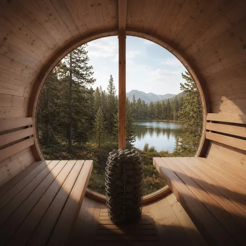 Sudová sauna s odpočívárnou z thermowood – HALO DELUXE