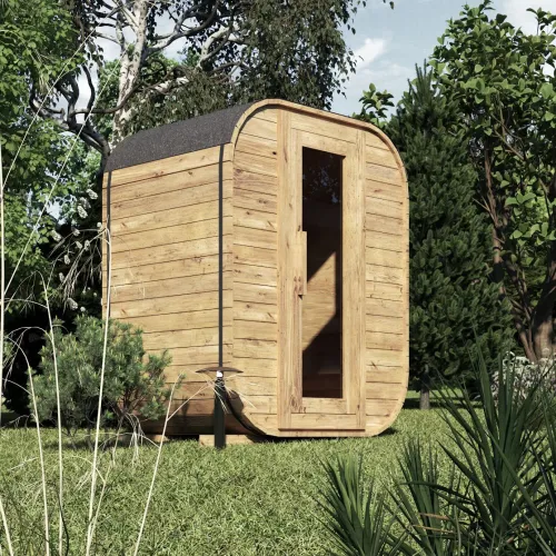 Exteriérová finská sauna z thermowood – CUBE MINI – ve smontovaném stavu
