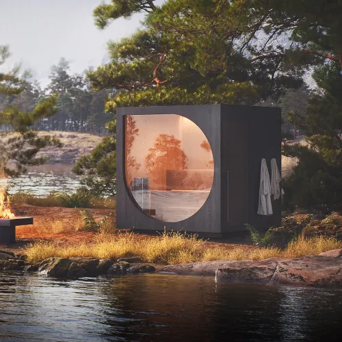 Sauna DROP – exteriérová finská sauna s CLT panelů – včetně dopravy ve smontovaném stavu
