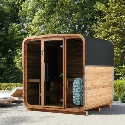 Hranatá sudová sauna z thermowood – SOLA 210 / 250