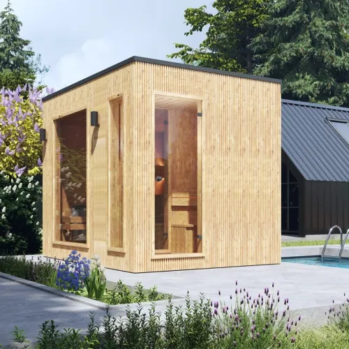 Exteriérová finská/bio sauna z thermowood – QUADRA s odpočívárnou – ve smontovaném stavu