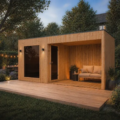 Exteriérová finská/bio sauna z thermowood – QUADRA s krytou terasou – ve smontovaném stavu