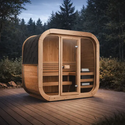 Hranatá sudová sauna z thermowood – CUBE 125