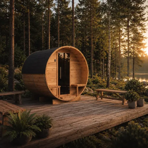 Sudová sauna z thermowood s terasou LUMA COMFY – včetně montáže