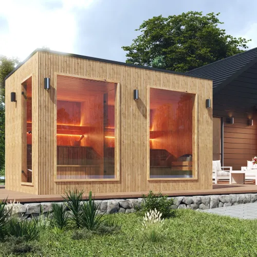 Exteriérová finská/bio sauna z thermowood – QUADRA s velkou odpočívárnou – ve smontovaném stavu